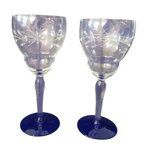 Weston Louie Starflower Optic Cobalt Blue Foot Water Goblet A Pair Circa 1920